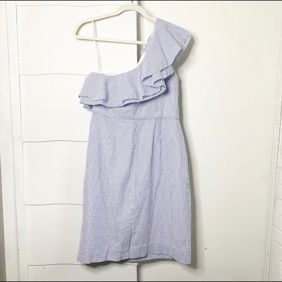 NWT J. Crew Seersucker One Shoulder Ruffle Dress - Picture 2 of 3